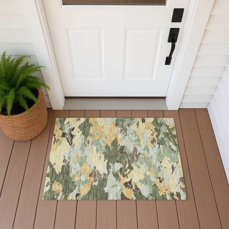 Machine Washable Indoor/ Outdoor Abstract Mexi Chantille Rug - Olive - 1'8" x 2'6"