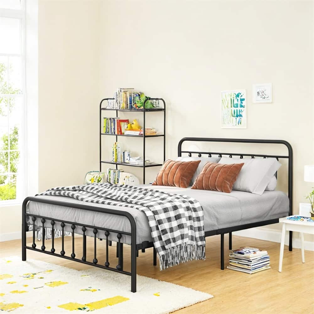 Metal Bed Frame Queen Size Platform w/Vintage Headboard and Footboard