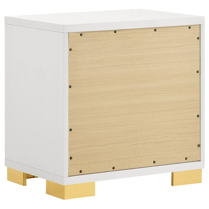 Modern White 2-Drawer Nightstand with Gold Metal Accents, Art Deco Geometric Detailing, Smooth Glide Storage