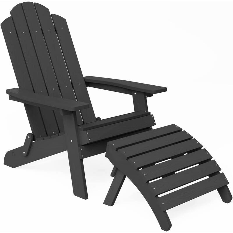 WINSOON 2-Piece All Weather HIPS Outdoor Folding Adirondack Chair with Ottoman - Black