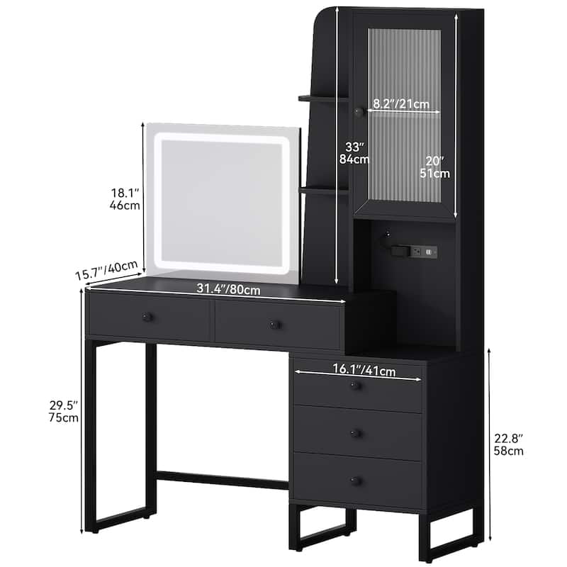 Moasis Makeup Vanity Desk with Mirror and Lights Vanity Table with Charging Station Storage Shelf - 15.7"D x 41.3"W x 62.6"H