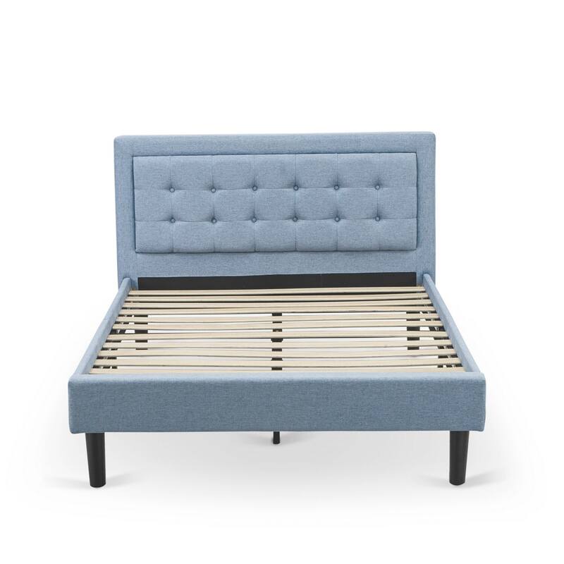 Full Size Bed Frame Upholstered Headboard - Modern Linen Fabric Bed - Black Legs - Easy Assembly