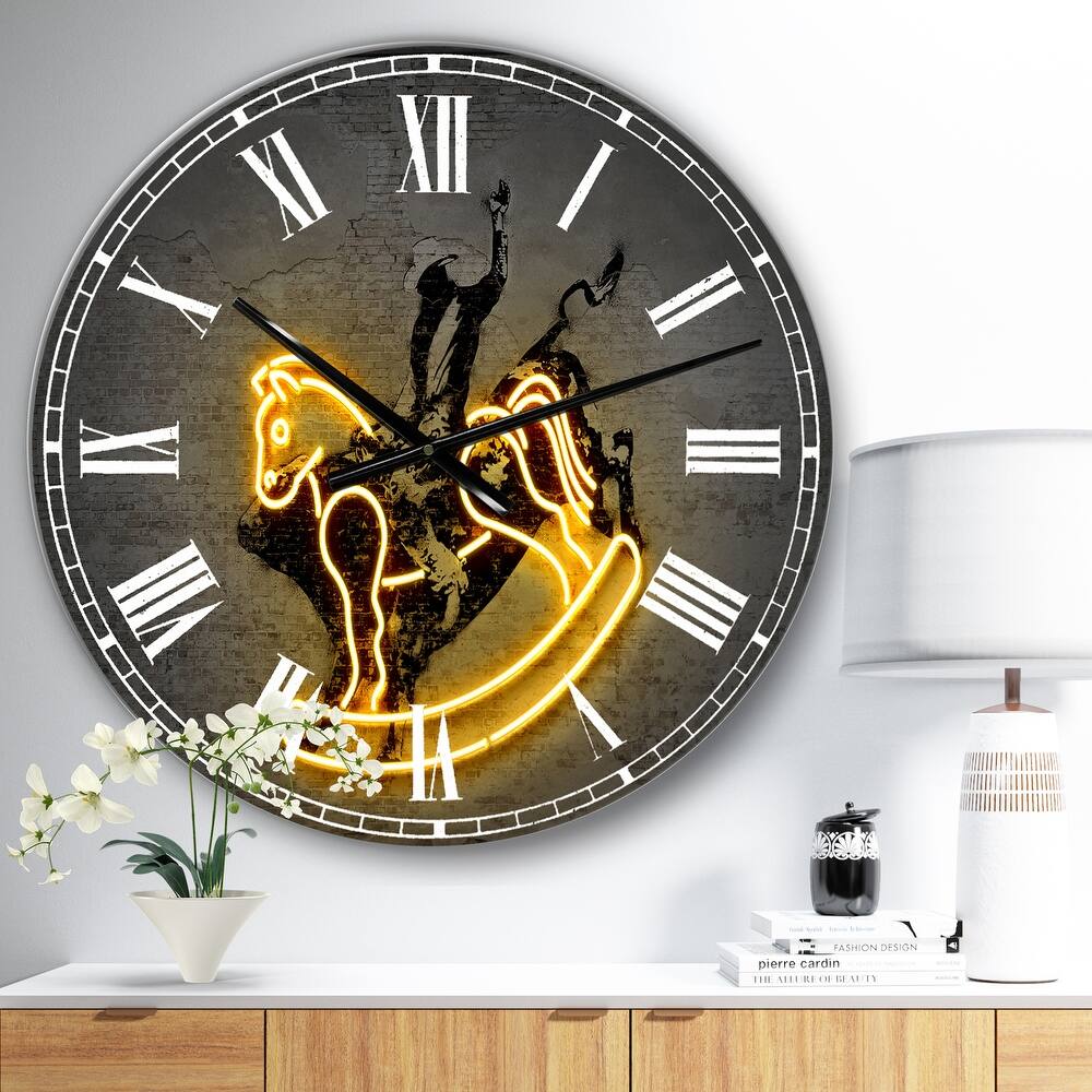 Designart 'Neon Rodeo Horse' Oversized Modern Wall Clock