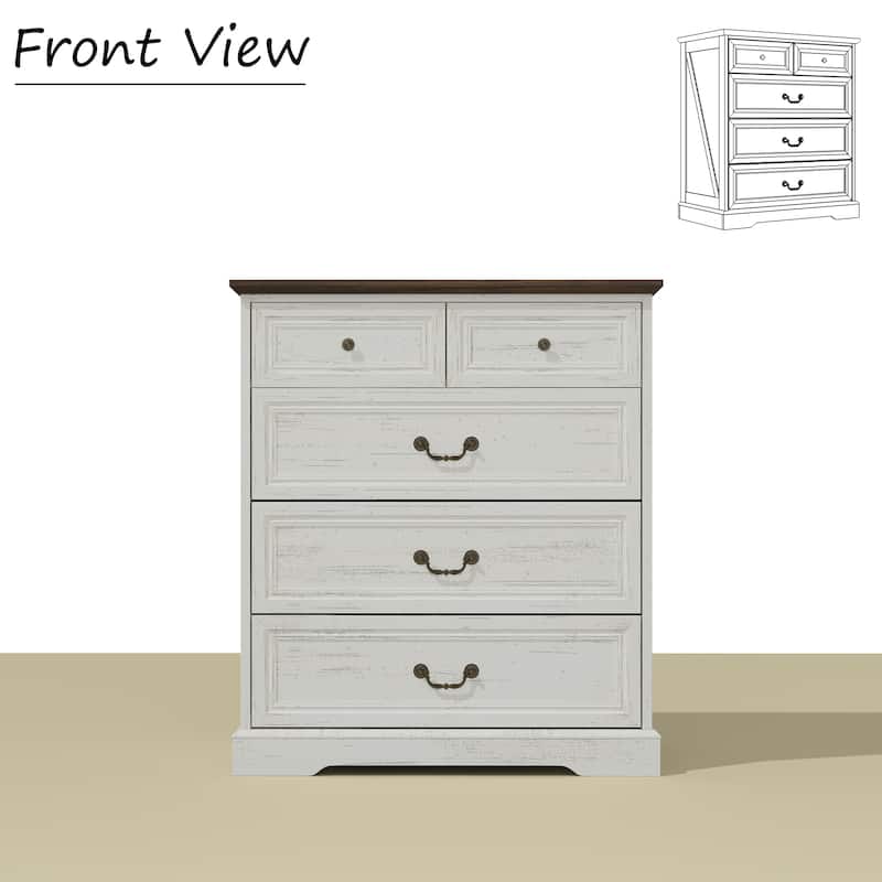 Farmhouse 5-Drawer Chest with Anti-Tip Device, Rustic Wooden Dresser for Bedroom, 36.3" Tall Storage Cabinet