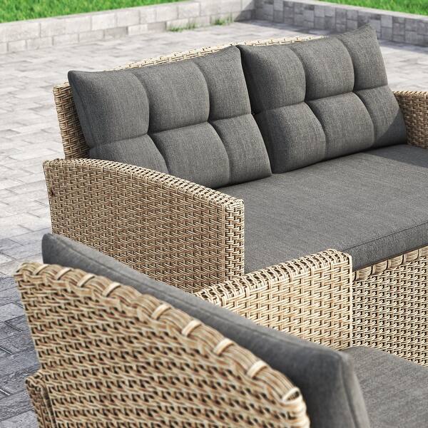 4 Piece Sofa Set with Cushions Brown Grey PVC Wicker Weather Resistant 4 Piece Sofa Set with Cushions Brown Grey PVC Wicker Weather Resistant