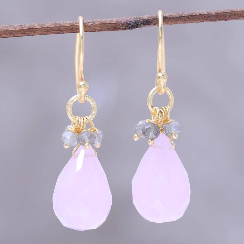 NOVICA Glittering Pink Drops, Gold plated rose quartz and labradorite dangle earrings - 1.4*0.4