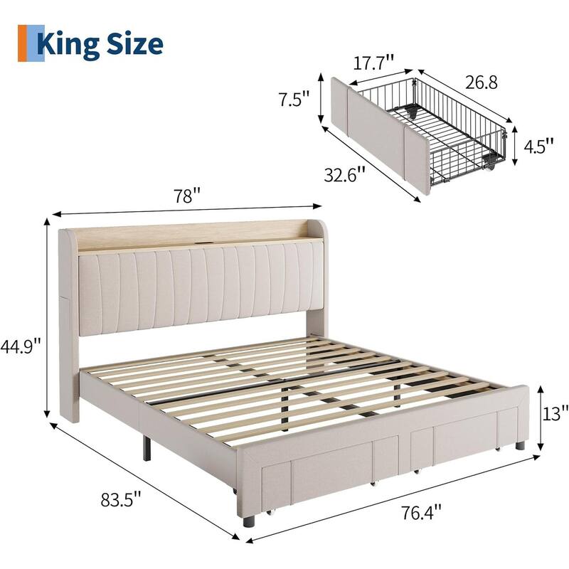 Upholstered Platform Beds with Drawers, Storage Headboard, Charging Station, Beige