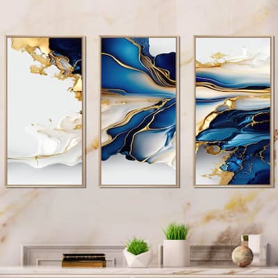 Designart "Abstract Geode Gold And Blue Marble Shape III" Modern Geometric Framed Canvas Art Print - 3 Panels