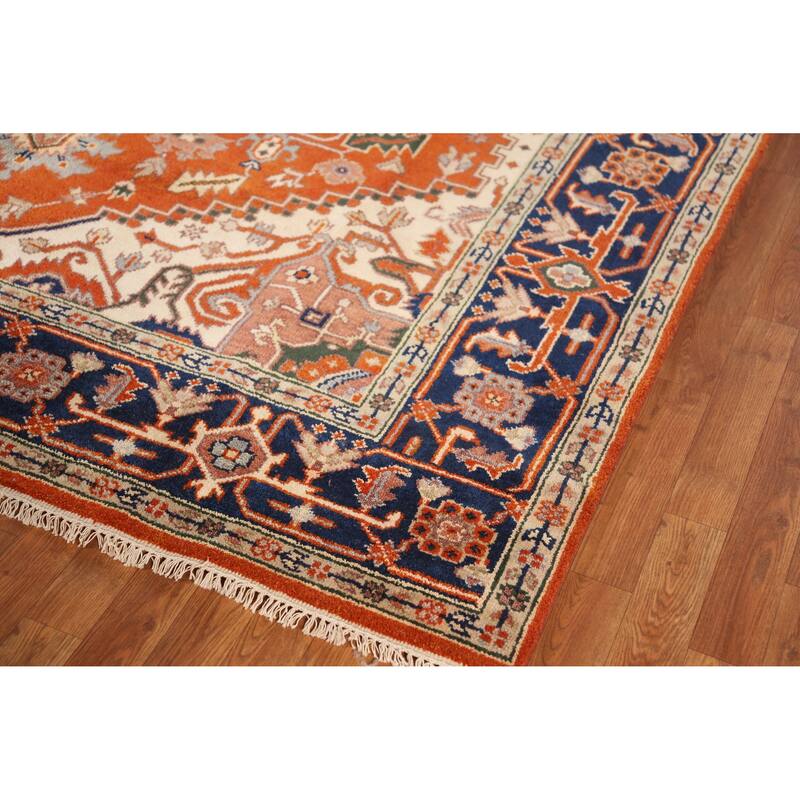 Medallion Heriz Serapi Indian Area Rug Handmade Orange Wool Carpet - 7'10" x 9'9"