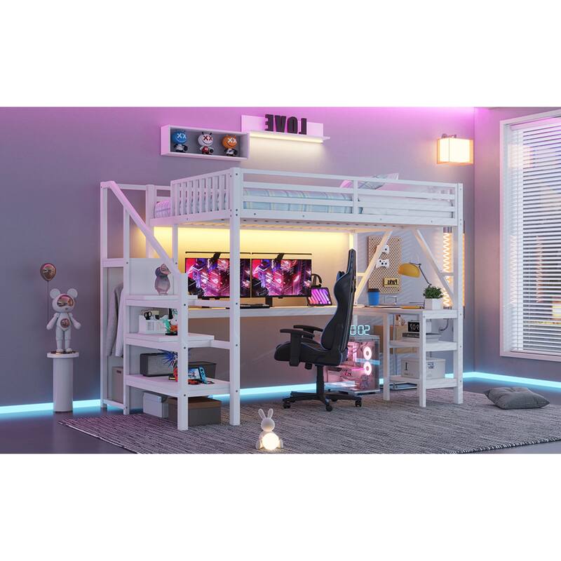 Roomfitters Full/Queen Loft Platform Bed, L-Shaped Desk and LED Wardrobe with Metal Frame for Bedroom or Guest Room