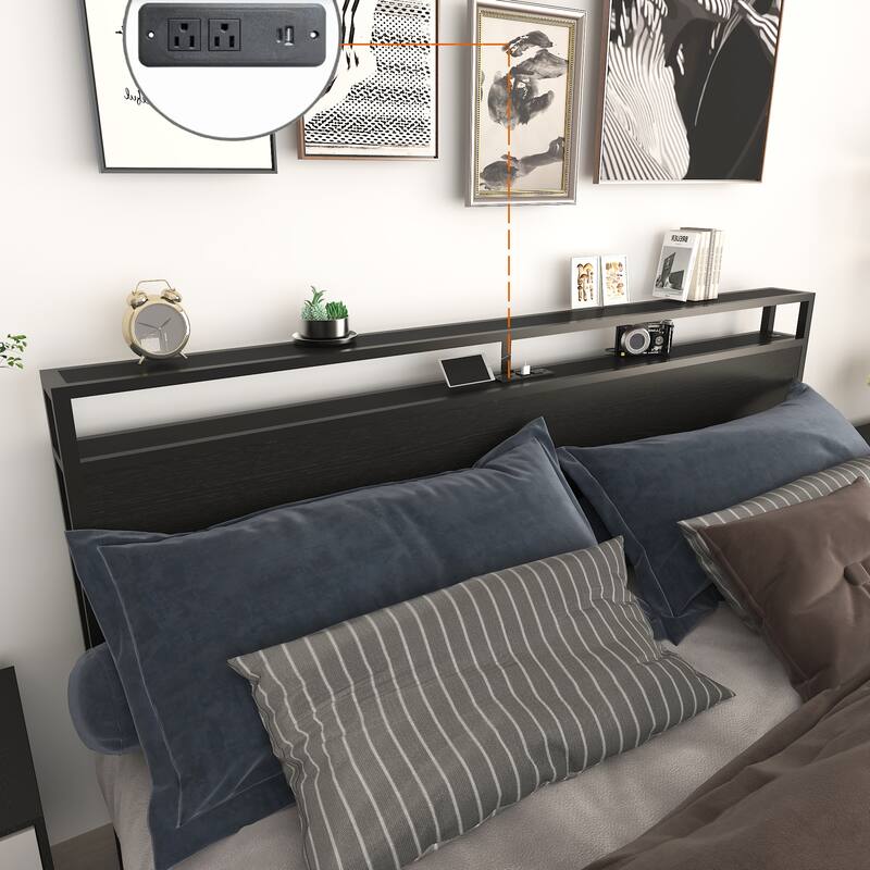 King Bed Frame, Storage Headboard With Charging Station, Solid And Stable, Noise Free, No Box Spring Needed, Easy Assembly