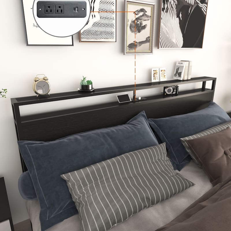 King Bed Frame with Storage Headboard, Charging Station, LED Lights, Easy Assembly