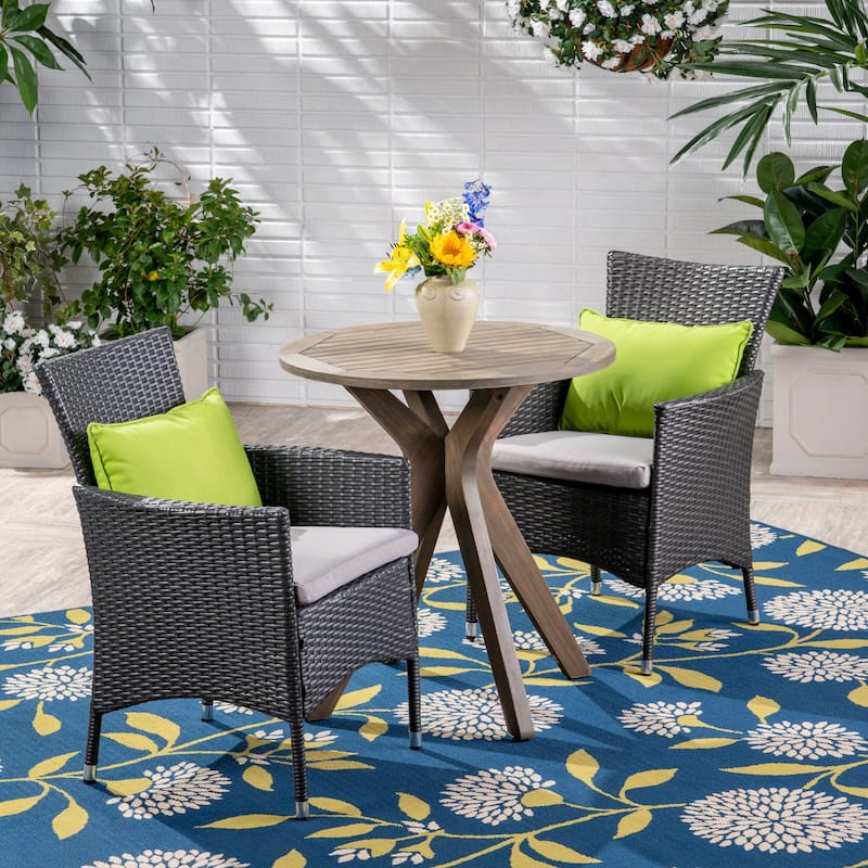 Jillian Outdoor 3 Piece Acacia Wood and Wicker Bistro Set by Christopher Knight Home - N/A - Gray Finish + Gray