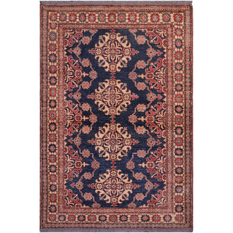 Tribal Super Kazak Xander Blue/Tan Hand Knotted Wool Rug - 4'8'' x 6'1''