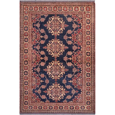 Tribal Super Kazak Xander Blue/Tan Hand Knotted Wool Rug - 4'8'' x 6'1''