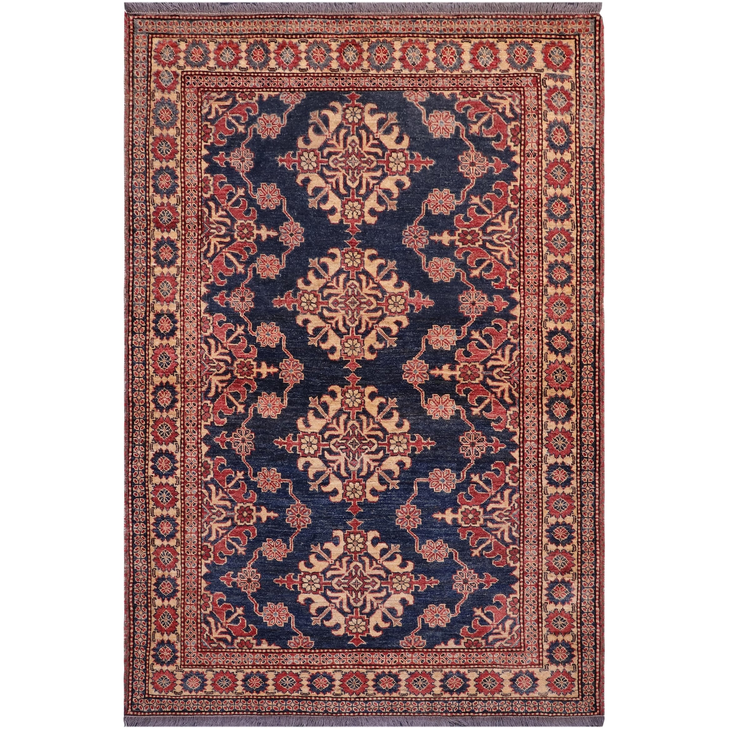 Tribal Super Kazak Xander Blue/Tan Hand Knotted Wool Rug - 4'8'' x 6'1''