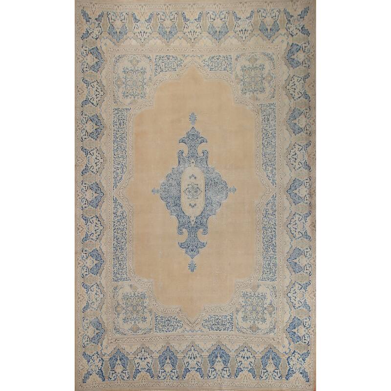 Hand Knotted Oriental 100% Wool Carpet Traditional Medallion Peach Kerman Area Rug - 13' 7'' X 10' 5''