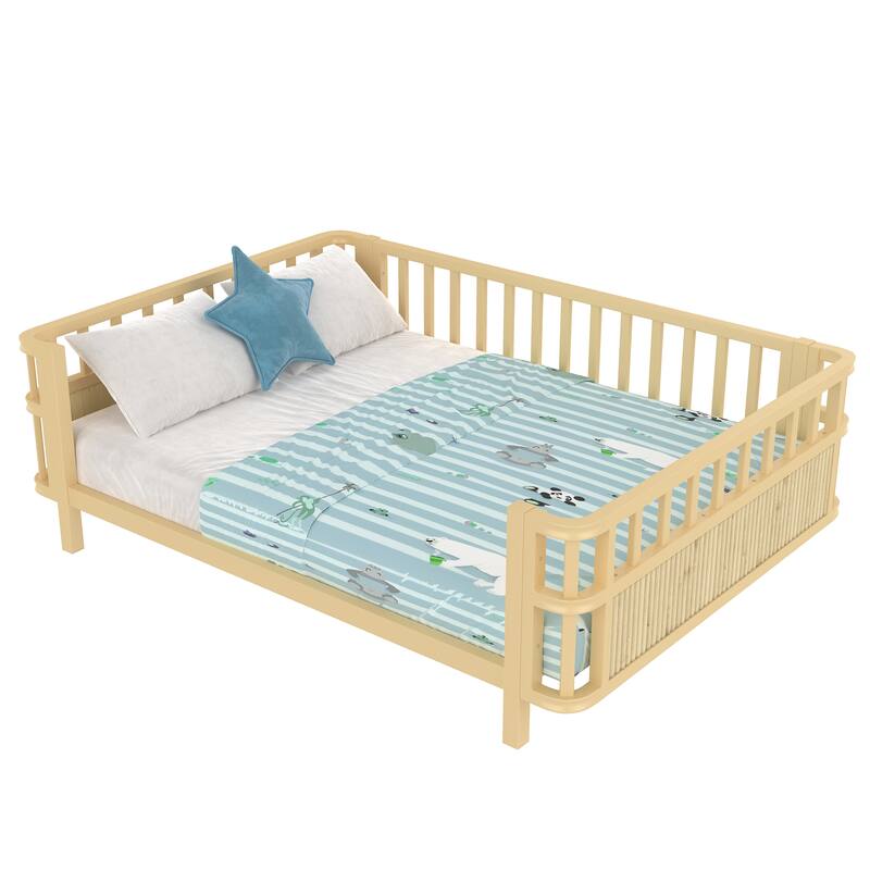 Children's double wooden platform bed with railings, a low iron double bed with railings, suitable for girls and boys (Full)