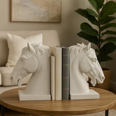 Amey Horse Head Sculpted Bookends Set of 2, White Stone Finish Resin