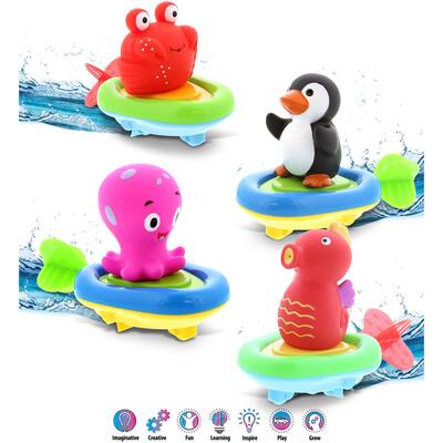 DolliBu Sea Life Boat Racers Bundle Set of 4 - Bath Toy Pull & Go - Multicolor - 3x2.25x1.75 inches.