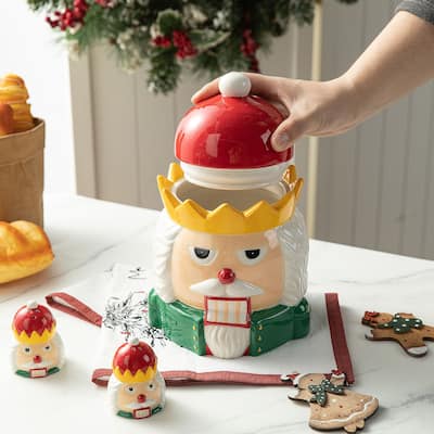 Glitzhome 3 Piece Dolomite Christmas Nutcracker or Tree Cookie Jar Set