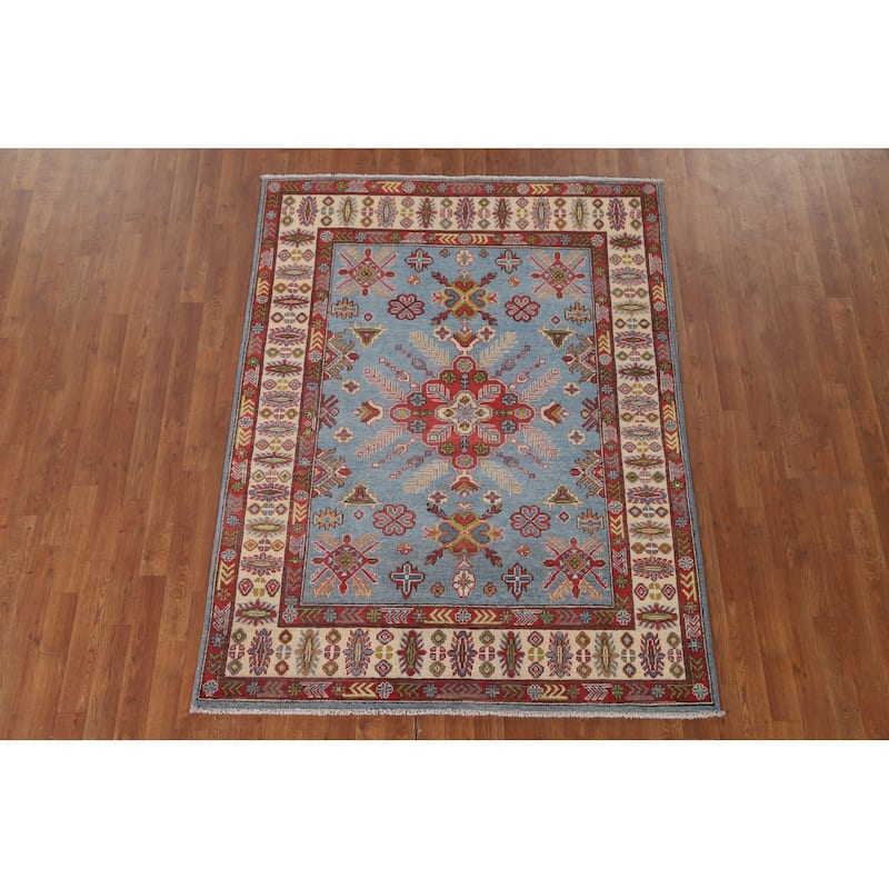Blue Kazak Area Rug Hand-Knotted Wool Carpet - 4'10" x 6'5"