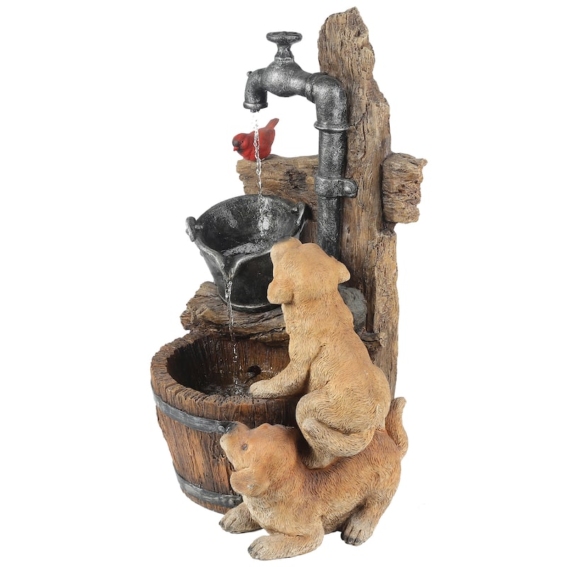 Resin Puppies and Water Faucet Outdoor Fountain with LED Light