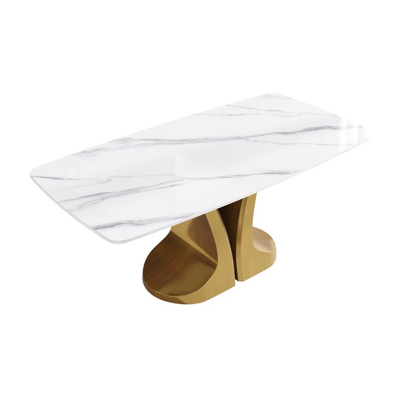 70-Inch Rectangle Marble Dining Table, Modern Sintered Stone Kitchen Dinner Table with Gold Finish Metal Base for 6-8