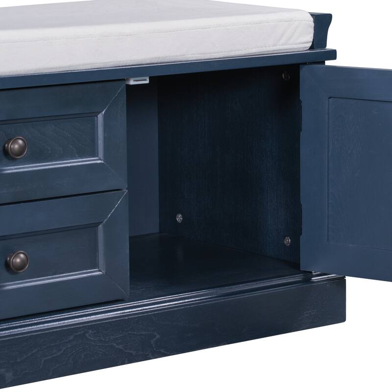 Storage Bench with 2 Drawers and 2 Cabinets, Shoe Bench with Removable Cushion
