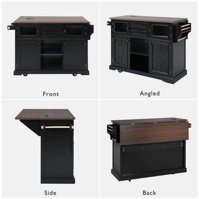 Farmhouse 54.9" Kitchen Island with Drop Leaf and Power Outlet, Stylish Storage Cart with Barn Doors