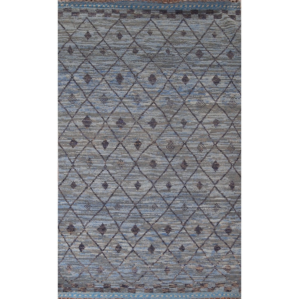 Blue Trellis Moroccan Area Rug Handmade Wool Carpet - 6'0"x 9'8"