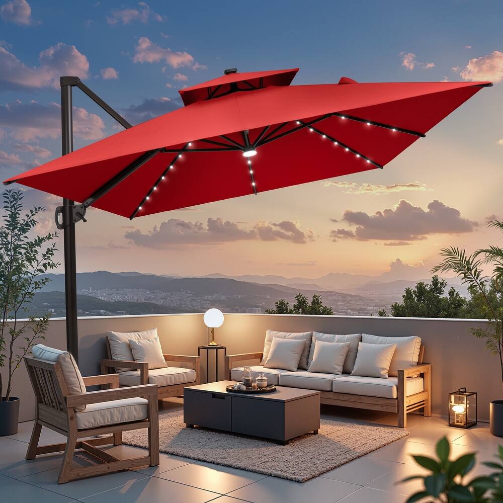10 X 13 FT Outdoor Patio Cantilever Umbrella with Solar Lights Double Canopy 360 RotationTilt
