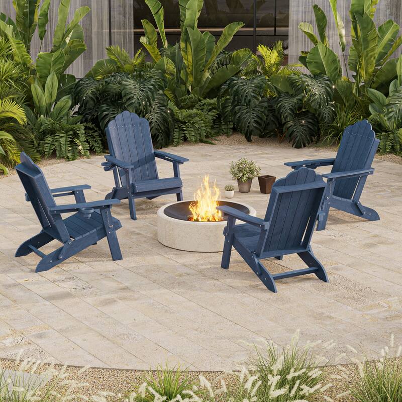 HDPE All-Weather Folding Adirondack Chair with Cup Holder - 4-Piece - NavyBlue
