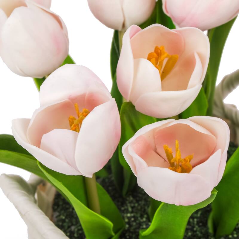 National Tree Company 10 in. Pink Tulip Bouquet in White Basket - 10 in
