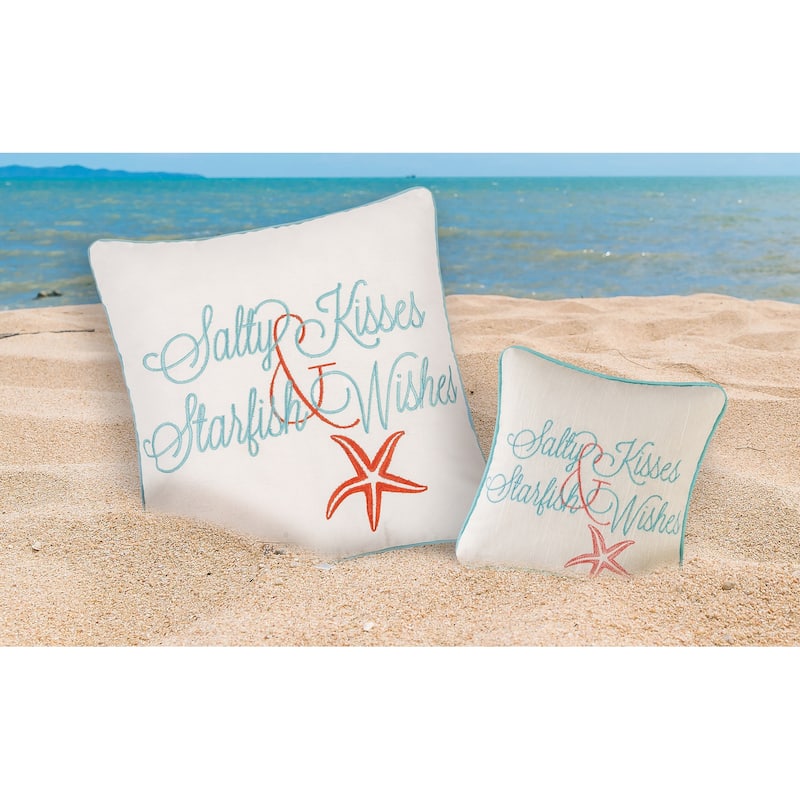 Salty Kisses & Starfish Wishes Embroidered Coastal Decorative Throw Pillow