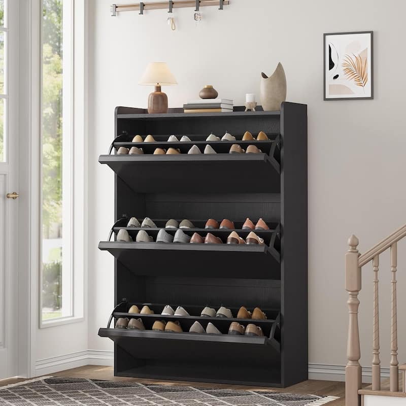 Narrow Shoe Cabinet Organizer with 3 Flip Drawers for Entryway, Hallway, Living Room - Black