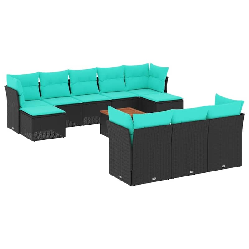 vidaXL 11 Piece Patio Sofa Set with Cushions Black Poly Rattan - 24.4 x 24.4 x 27.2