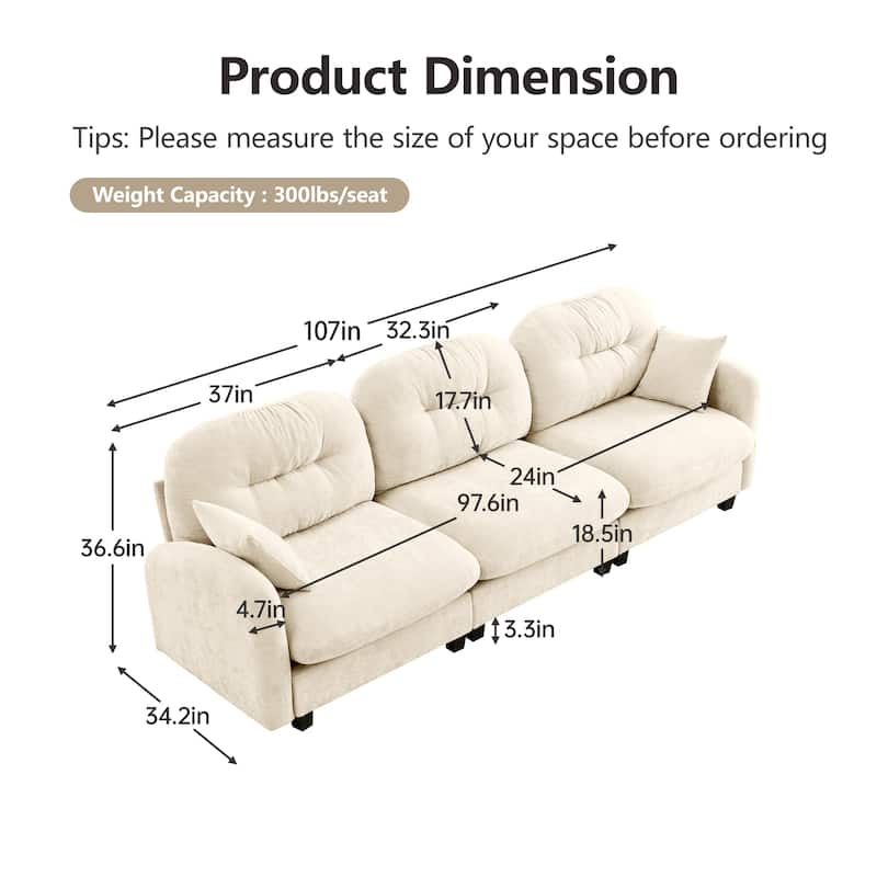 GDF Studio - Bell Modern Chenille Modular 3-Seat Sofa with Ergonomic Tufted Backrest and Wooden Base