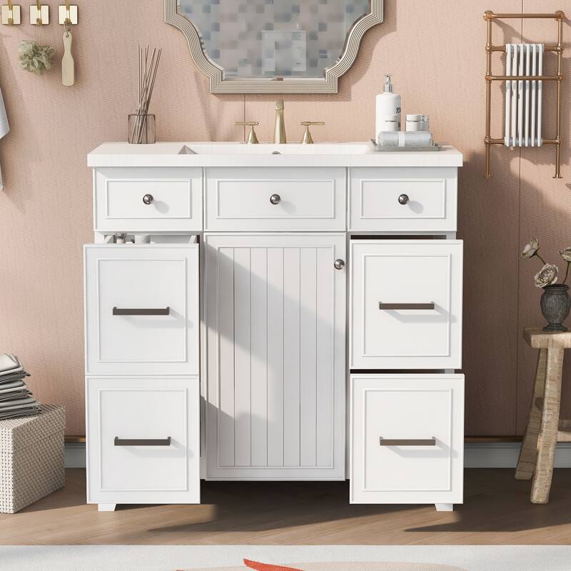 36" Black Bathroom Vanity Cabinet with Single Sink, Soft-Close Door, 3 Drawers, Waterproof Resin Sink