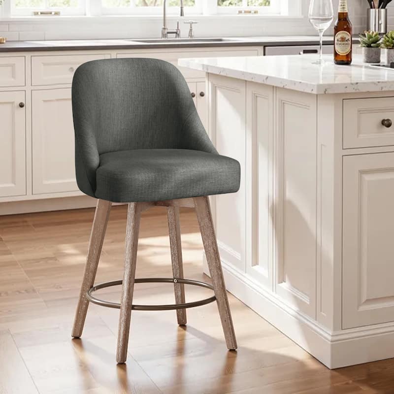 26" Upholstered Counter Height Swivel Bar Stool, Counter Stools with Solid Wood Legs - 39.37"H x 22.44"D x 21.65"W - Single - Linen-Grey