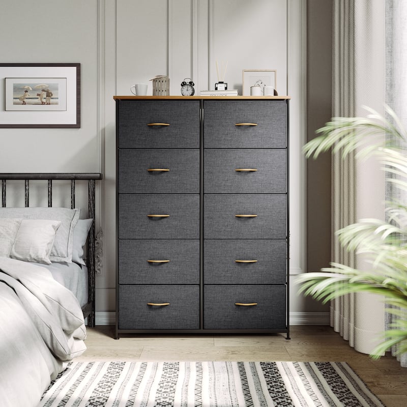 Modern 4/8/10-drawer Bedroom Fabric Dresser Storage Tower with Wood Top - Dark Gray - 10-drawer