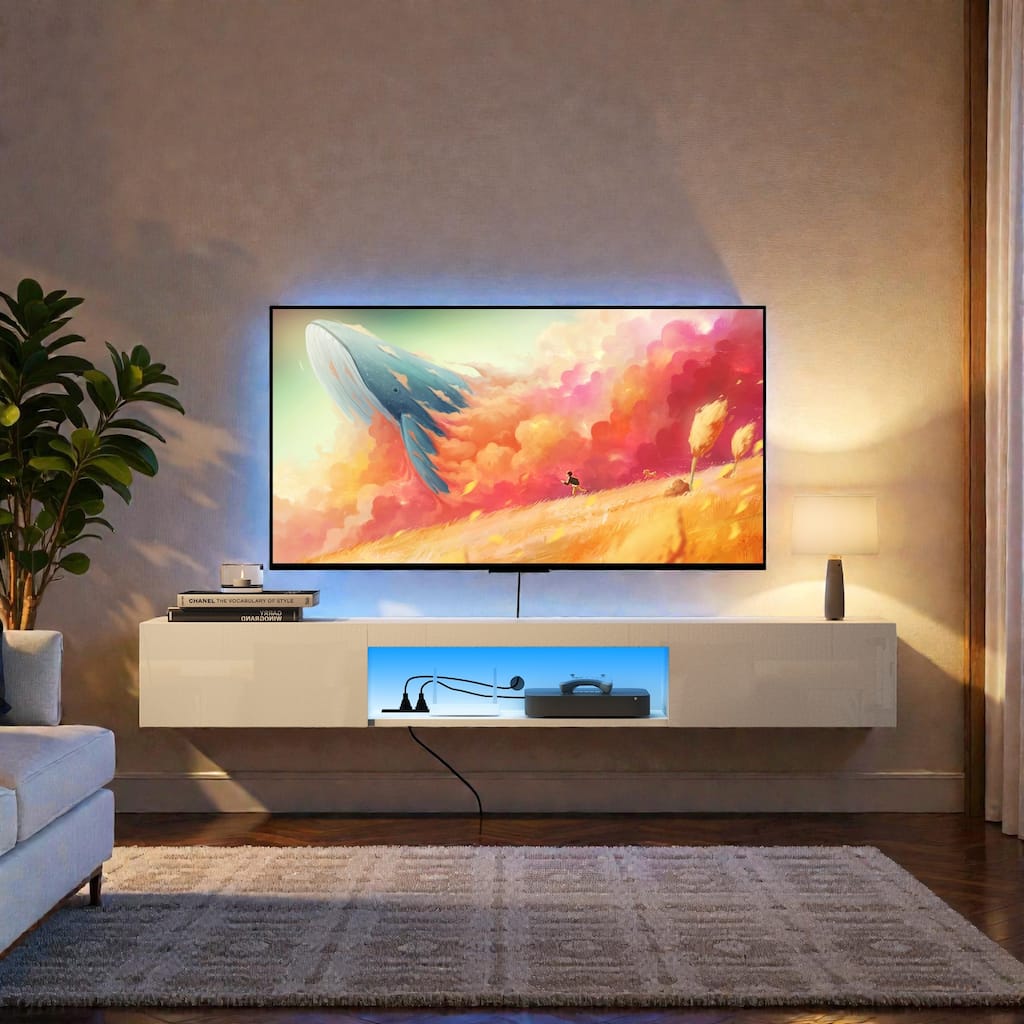 63" Floating TV Stand with 16-Color LED Lights, Wall Mounted Entertainment Center for 55-65 Inch TVs, Modern TV Cabinet