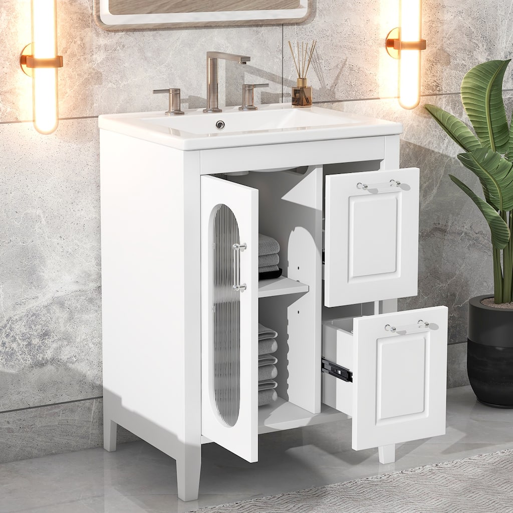 Freestanding Vanity for Bathroom with Ceramic Sink, Glass Cabinet Door, Drawers, Acrylic Bar Handles and Adjustable Shelf