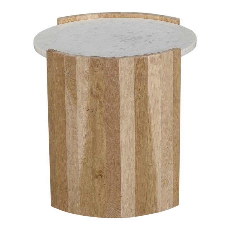 NADAAL STUDIOS Crest Side Table, Banswara White Marble Top, Solid Oak Base, Oval, White
