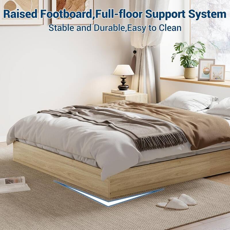 Space-Saving Sturdy Floor-Standing Platform Bed Frame, No Box Spring Needed, Natrual Wood