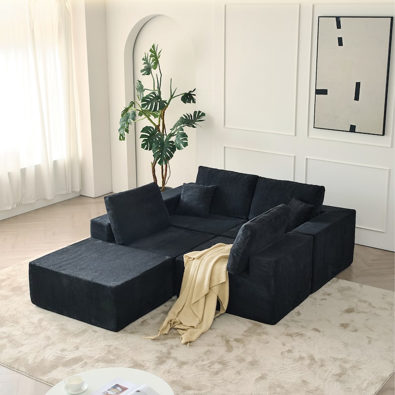 Modular Corduroy Sectional Sofa with Ottoman Chaise Lounge and Pillows