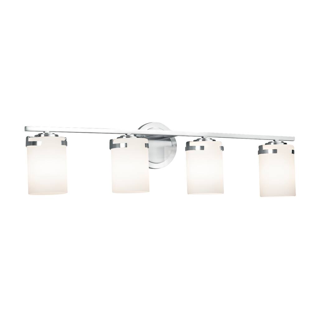 Justice Design Fusion Atlas 4-light Polished Chrome Bath Bar, Opal Cylinder - Flat Rim Shade