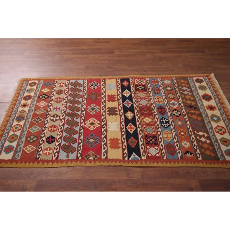 Vegetable Dye Kilim Qashqai Persian Vintage Wool Carpet - 3'2"x 5'11"