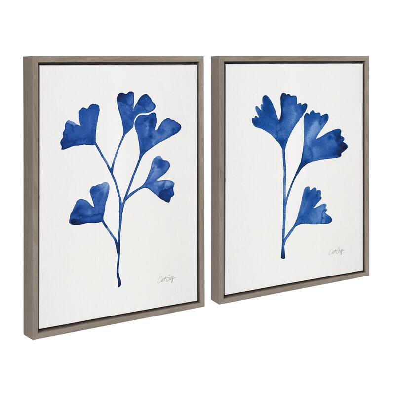 Kate and Laurel Sylvie Navy Ginkgo and Navy Ginkgo Trio Framed Canvas by Cat Coquillette - 2 Piece 18x24 - Plastic - Grey