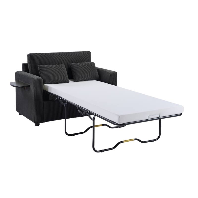 Twin Size Convertible Sleeper Sofa with Foldable Table, USB Ports and Lumbar Pillows, Black Corduroy